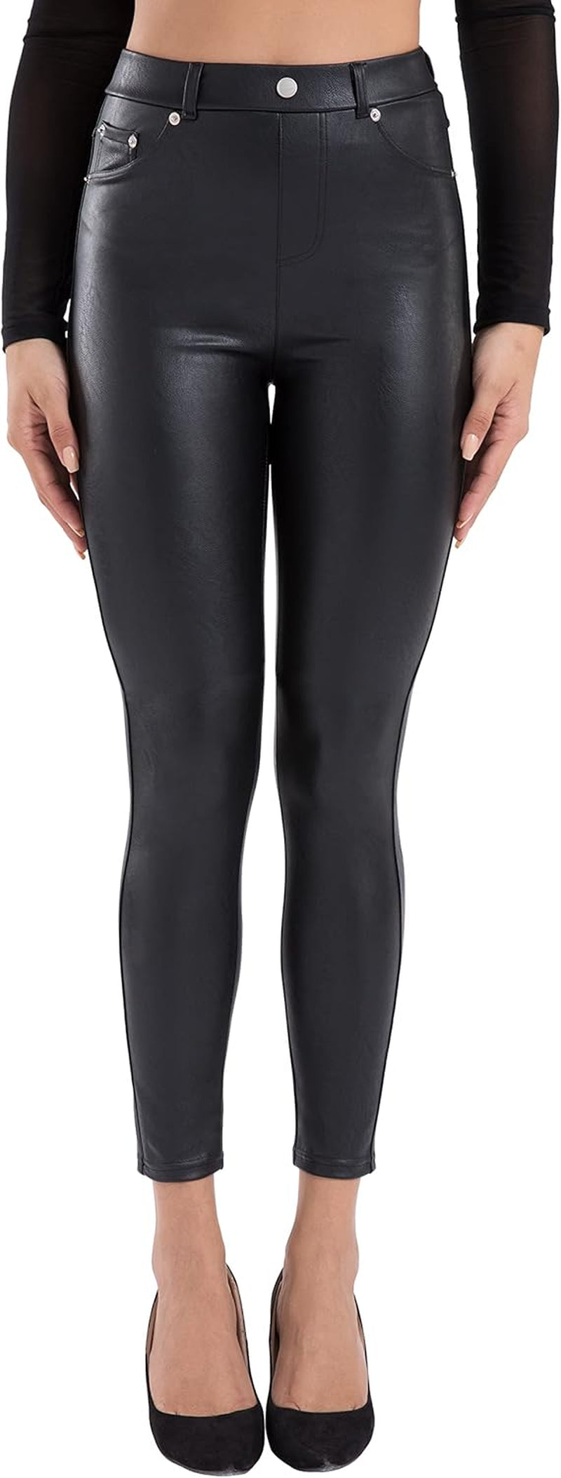 Chic High-Waisted Faux Leather Leggings for Women - Stretchy Pleather Pants with Convenient Pockets