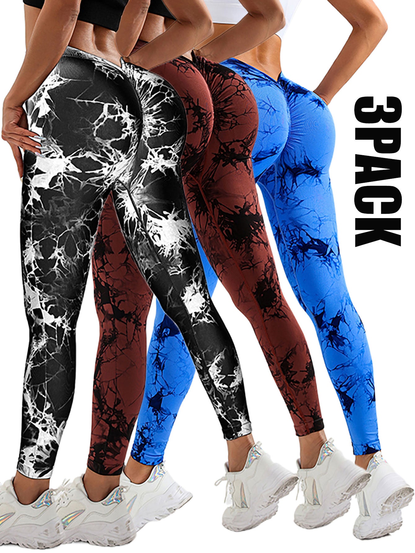 3 Pack Women's High Waisted Tie-Dye Scrunch Leggings - Butt Lifting Seamless Gym & Yoga Pants