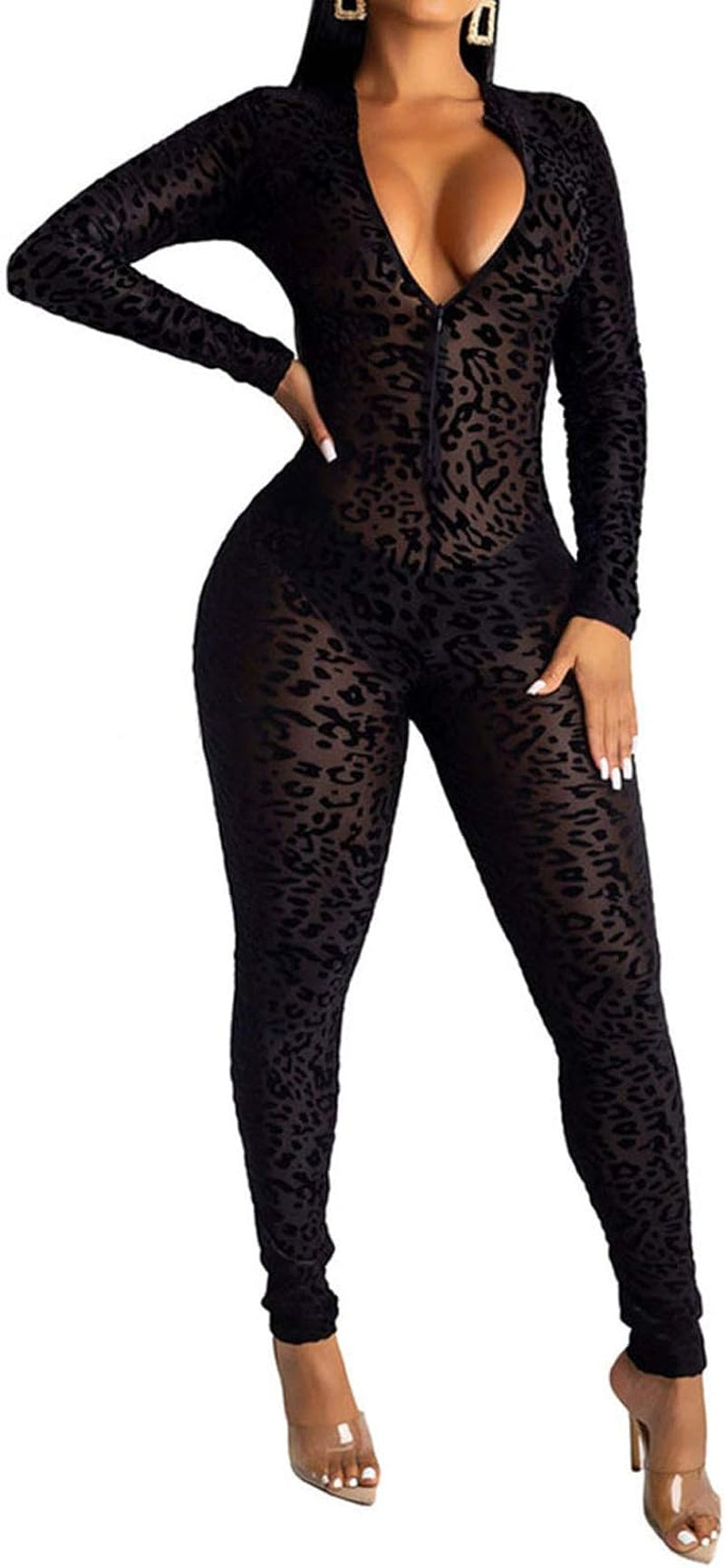 Sassy Leopard Print Sheer Mesh Bodycon Jumpsuit - Stunning Deep V Neck Clubwear for Bold Women