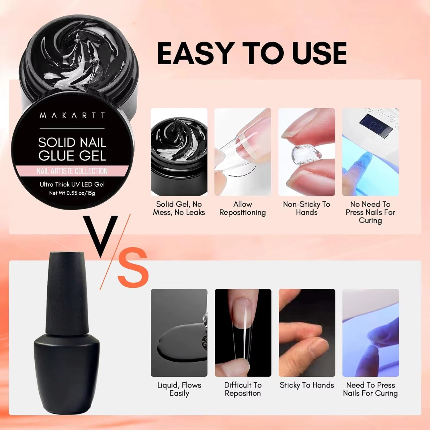 Premium Solid Nail Gel Adhesive for Acrylic Tips - UV Cured for Perfect Press-On & Fake Nails