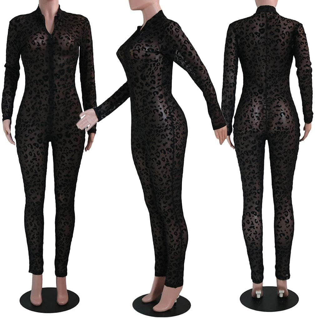 Sassy Leopard Print Sheer Mesh Bodycon Jumpsuit - Stunning Deep V Neck Clubwear for Bold Women