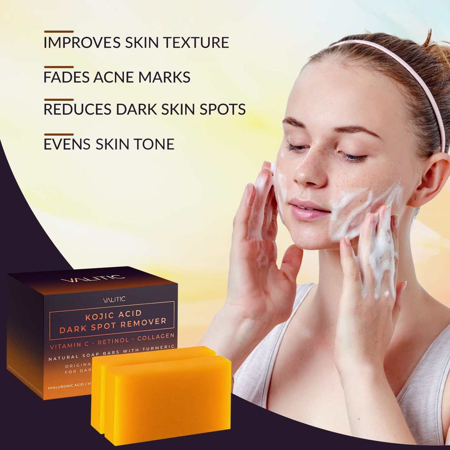 Kojic Acid Dark Spot Remover Soap Bars - Brightening Formula with Vitamin C, Retinol, Collagen & Turmeric - Japanese Complex with Hyaluronic Acid & Shea Butter (2 Pack)