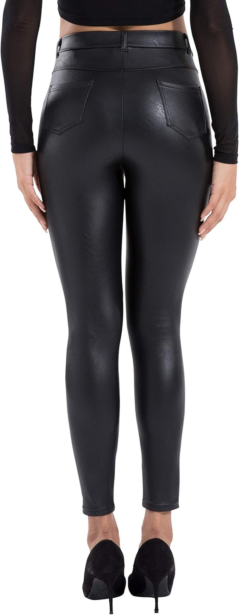 Chic High-Waisted Faux Leather Leggings for Women - Stretchy Pleather Pants with Convenient Pockets