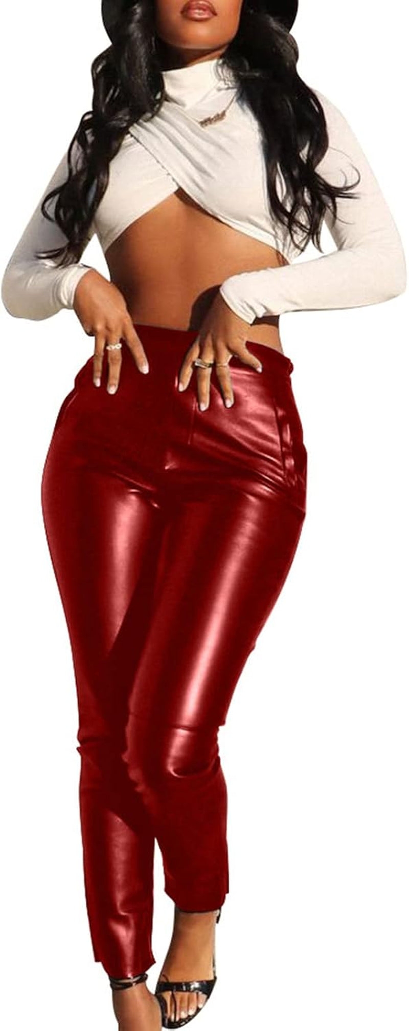 Leather Pants for Women Sexy, Womens High Waisted Pleather Pants Red