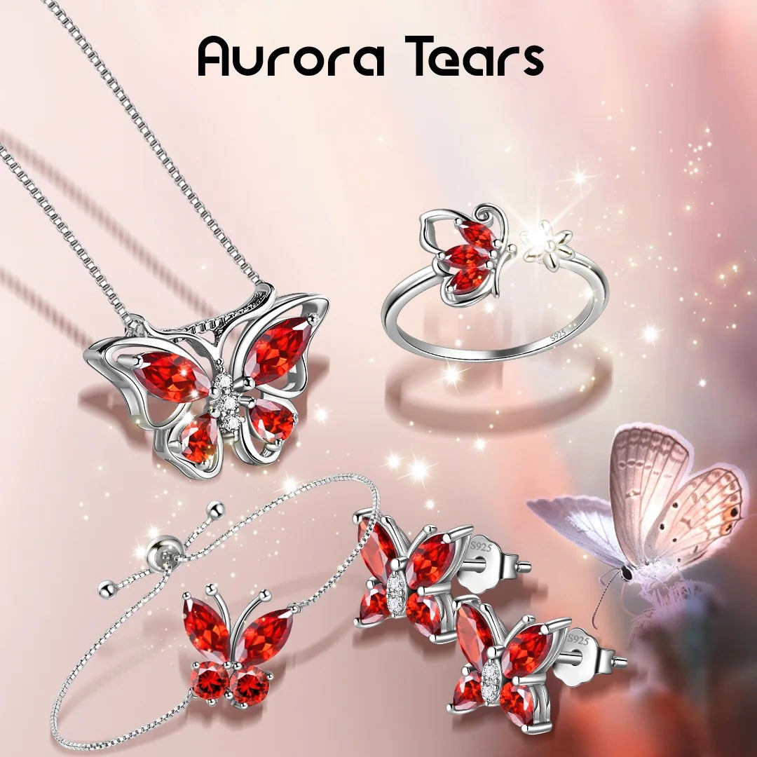 Elegant January Birthstone Jewelry Set - Stunning Red Butterfly Garnet Necklace, Earrings, Ring & Bracelet in Sterling Silver - Perfect Gifts for Christmas, Birthdays & Mother's Day