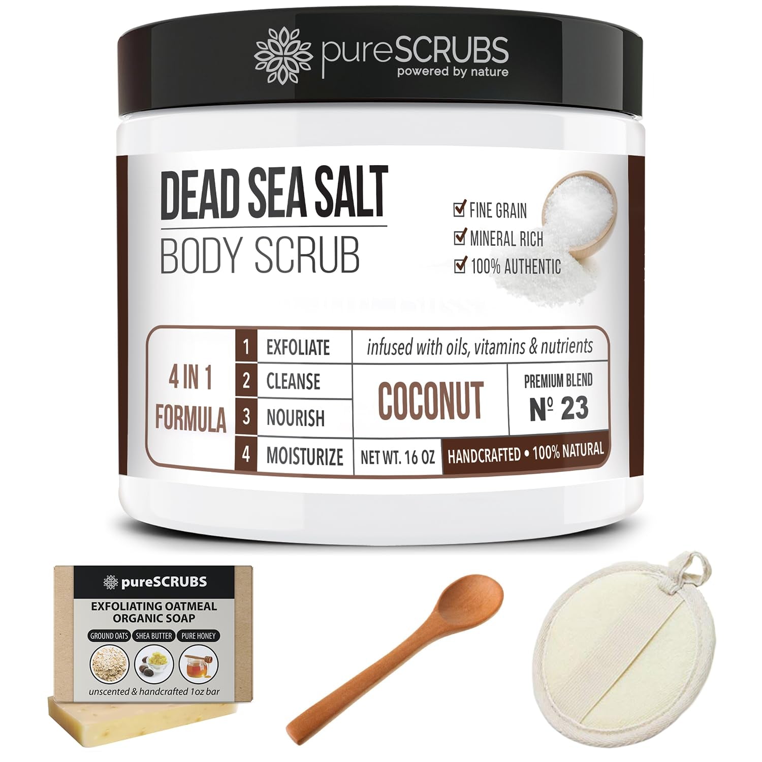 Indulge in Luxury: Premium Coconut Body Scrub Set - 16oz Dead Sea Salt Scrub with Essential Oils, Wooden Spoon, Loofah & Oatmeal Soap