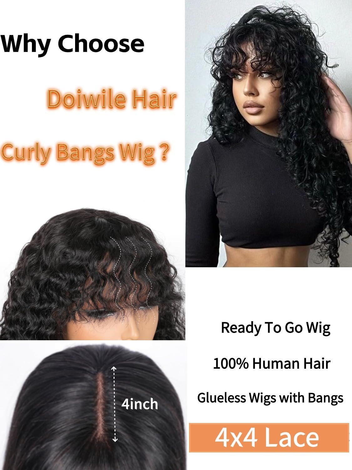 Wig with Bangs Human Hair 4X4 HD Lace Glueless Wigs Human Hair Cury Wave Human Hair Wigs with Bangs for Black Women