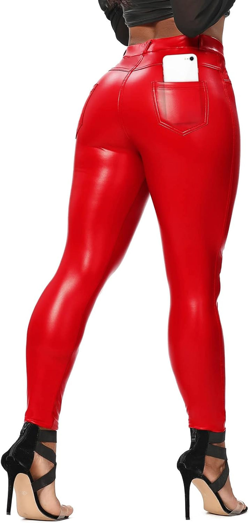 Women'S Faux Leather Leggings Pants PU Elastic Shaping Hip Push up Black Sexy Stretchy High Waisted Tights