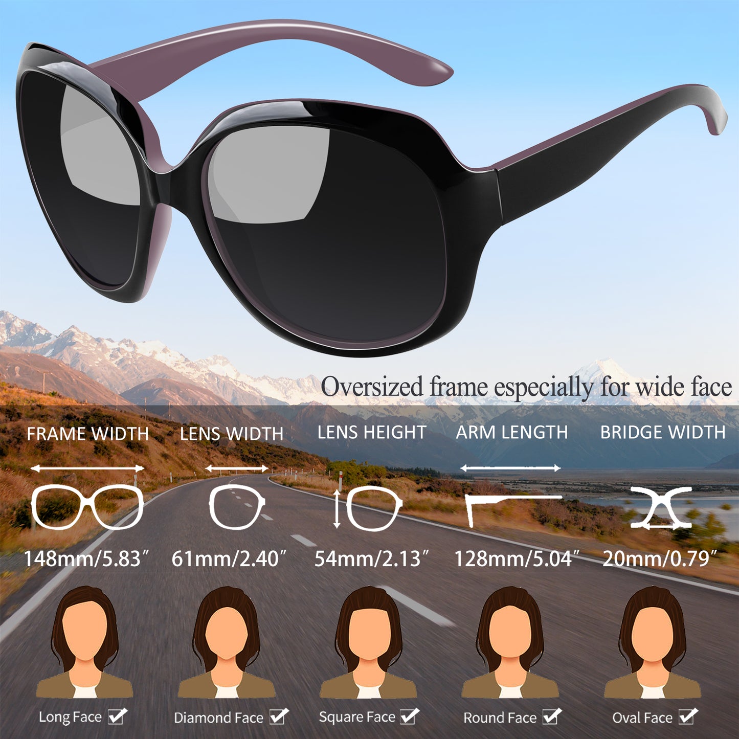 Chic Black Purple Polarized Sunglasses for Women - Ultimate UV Protection & Trendy Wide Frame Design