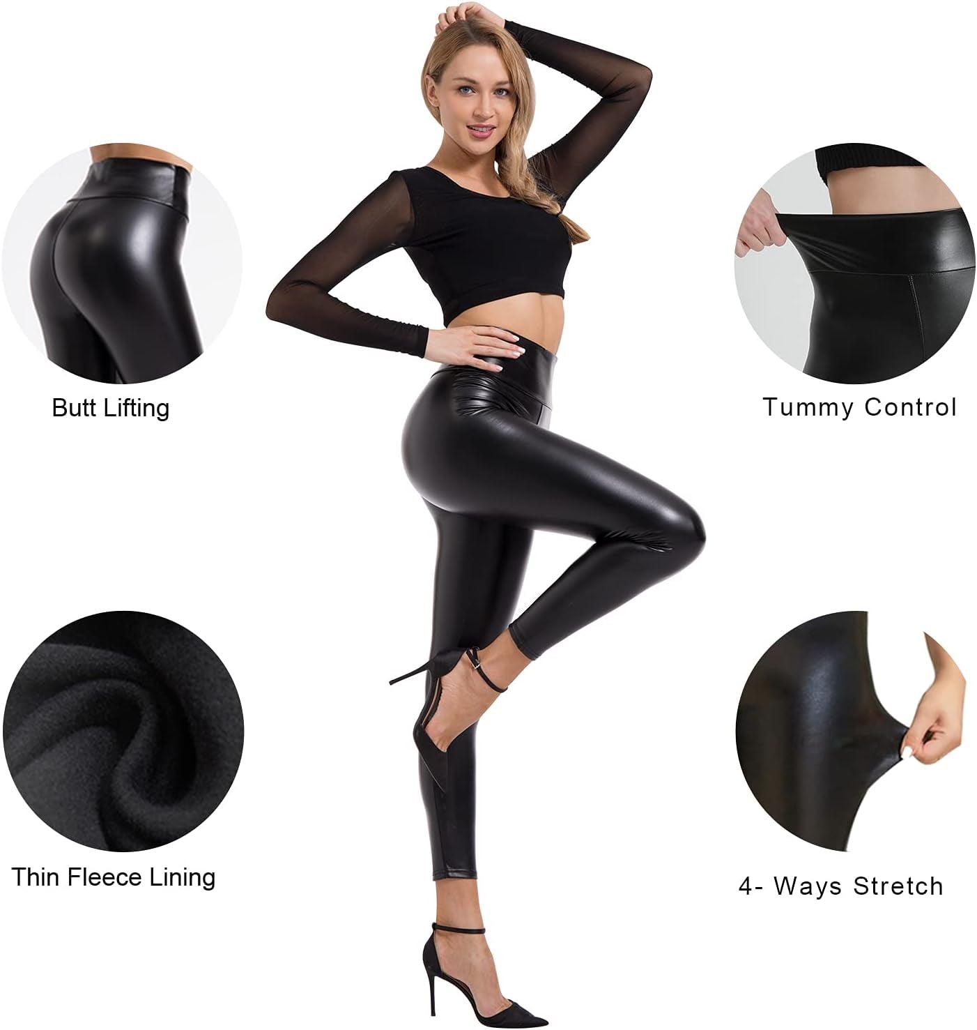 Faux Leather Leggings for Women High Waist Pants Black Elastic Tights