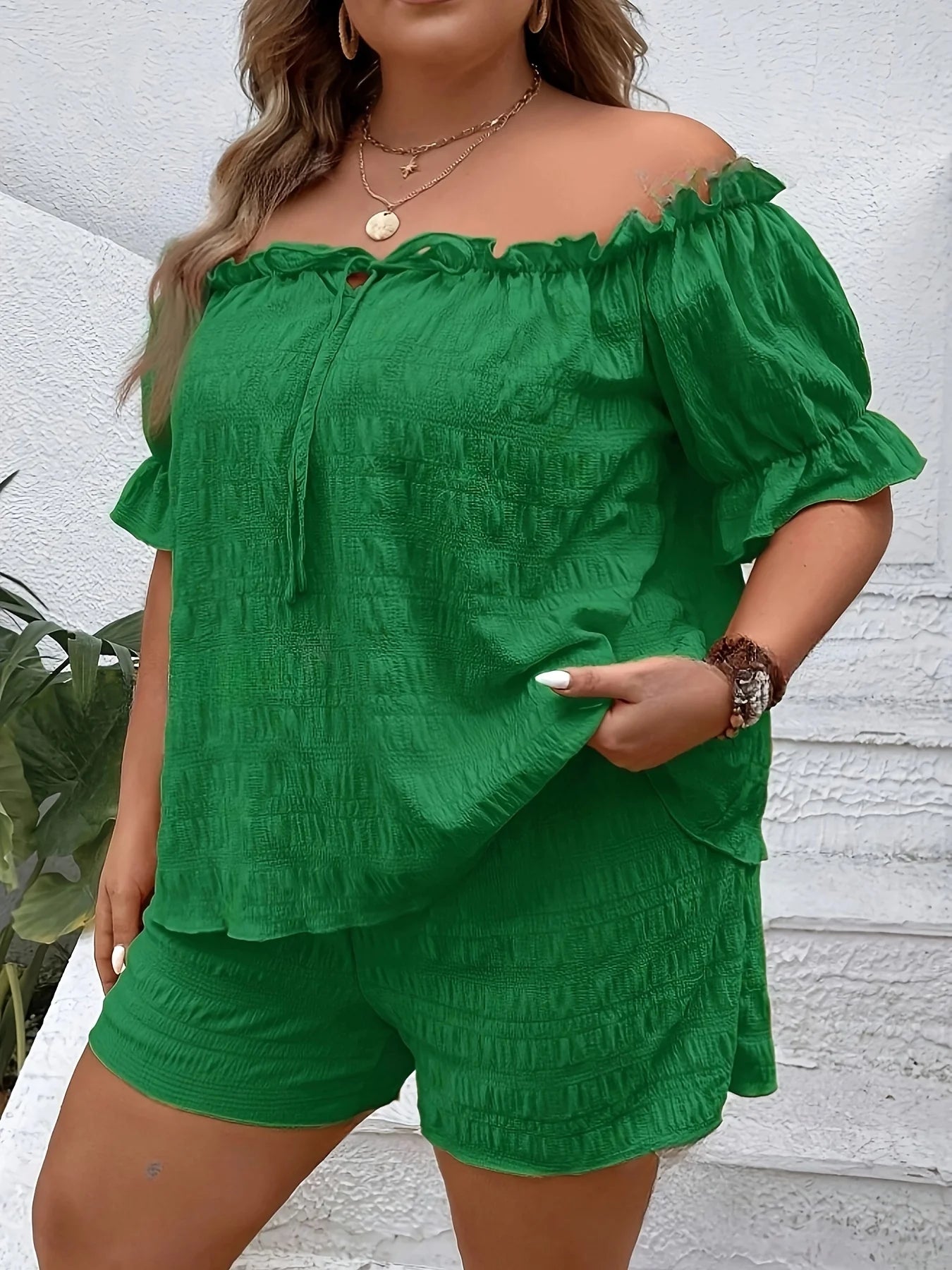 Plus Size Summer Women's Elegant Off Shoulder Shirt Short Pants 2 Piece Set Casual Vacation Solid Clothing Female