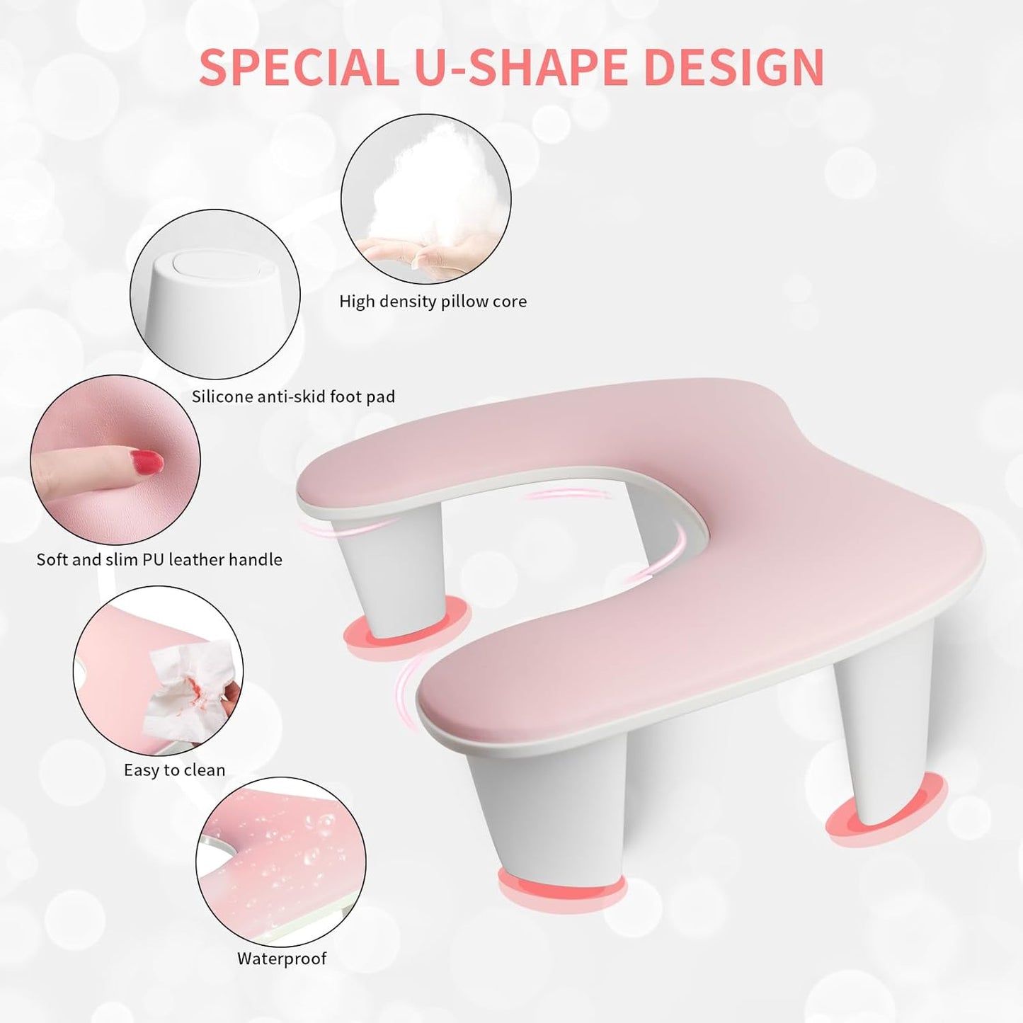 Ergonomic U-Shaped Nail Tech Arm Rest Cushion - Soft PU Leather Manicure Support (Pink)