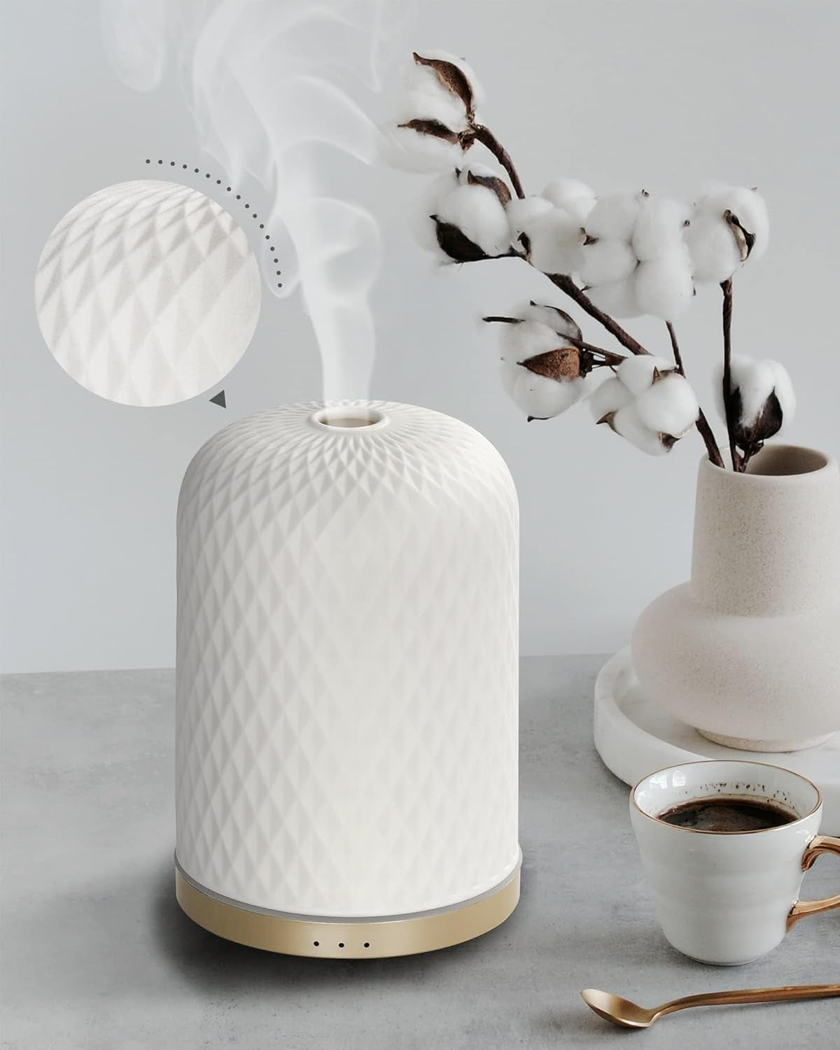 Aesthetic Ceramic Essential Oil Diffuser - 110ml Ultrasonic USB-Powered Diffuser for Large Rooms, Yoga, and Dorm Décor - Perfect Home Accent in Elegant White