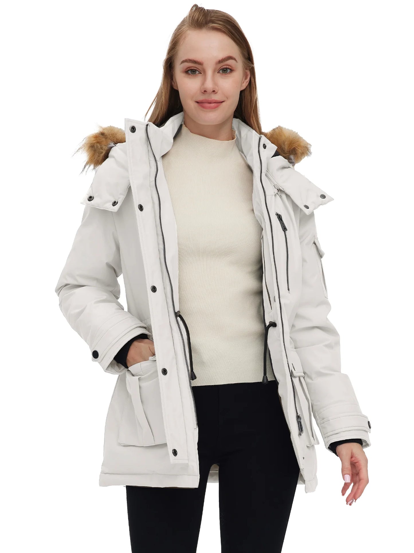 Stylish Women's Thicken Quilted Winter Coat - Beige Puffer Jacket, Size L